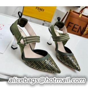 Luxurious Fendi Colibrì Slingback Pumps 8.5cm in FF Mesh with Sequins Green/Nude 804094