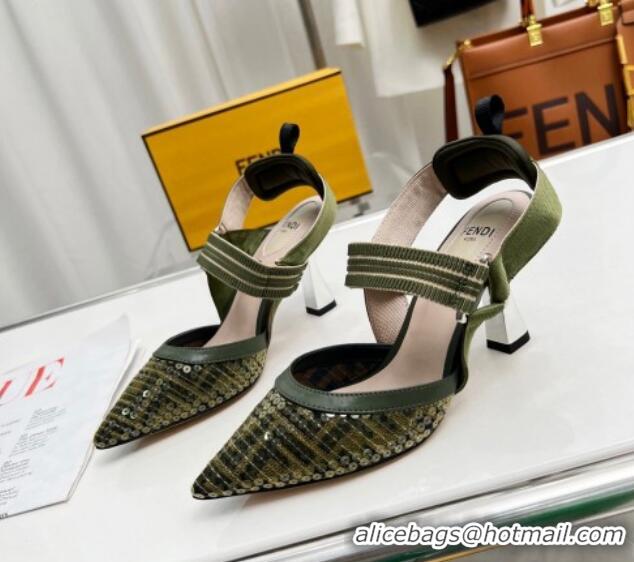 Luxurious Fendi Colibrì Slingback Pumps 8.5cm in FF Mesh with Sequins Green/Nude 804094