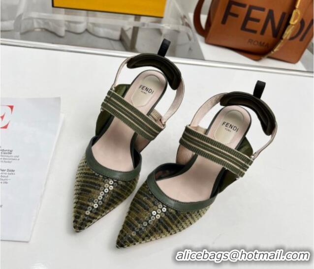 Luxurious Fendi Colibrì Slingback Pumps 8.5cm in FF Mesh with Sequins Green/Nude 804094