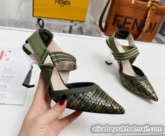 Luxurious Fendi Colibrì Slingback Pumps 8.5cm in FF Mesh with Sequins Green/Nude 804094