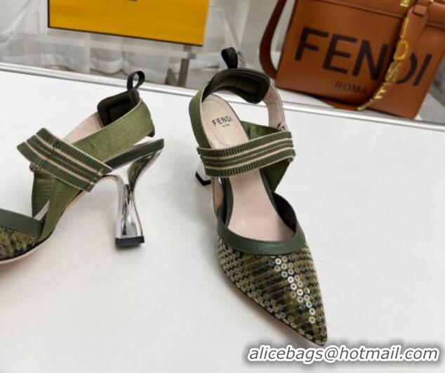 Luxurious Fendi Colibrì Slingback Pumps 8.5cm in FF Mesh with Sequins Green/Nude 804094