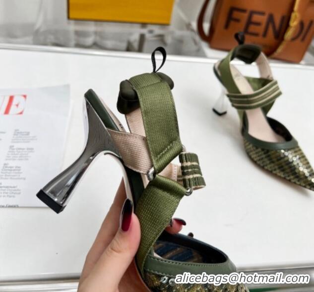 Luxurious Fendi Colibrì Slingback Pumps 8.5cm in FF Mesh with Sequins Green/Nude 804094