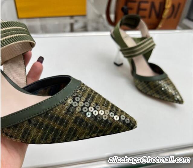 Luxurious Fendi Colibrì Slingback Pumps 8.5cm in FF Mesh with Sequins Green/Nude 804094