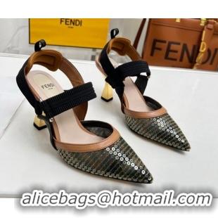 Big Discount Fendi Colibrì Slingback Pumps 8.5cm in FF Mesh with Sequins Green/Brown 804095