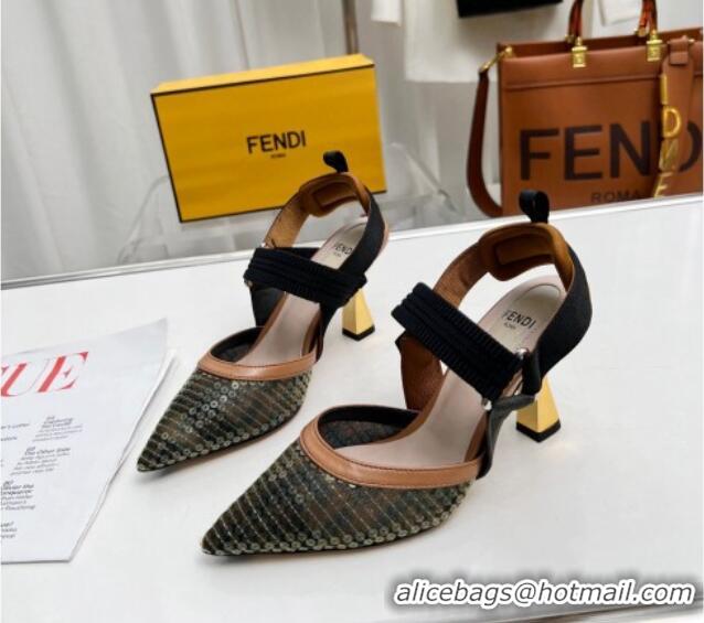 Big Discount Fendi Colibrì Slingback Pumps 8.5cm in FF Mesh with Sequins Green/Brown 804095