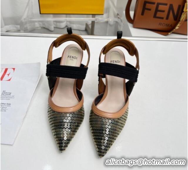 Big Discount Fendi Colibrì Slingback Pumps 8.5cm in FF Mesh with Sequins Green/Brown 804095