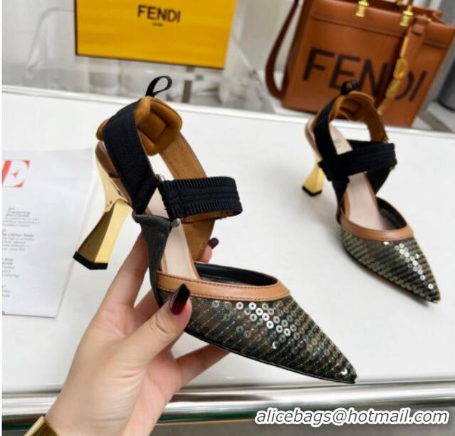 Big Discount Fendi Colibrì Slingback Pumps 8.5cm in FF Mesh with Sequins Green/Brown 804095