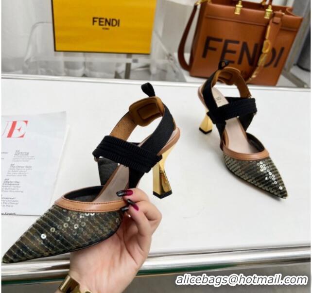 Big Discount Fendi Colibrì Slingback Pumps 8.5cm in FF Mesh with Sequins Green/Brown 804095