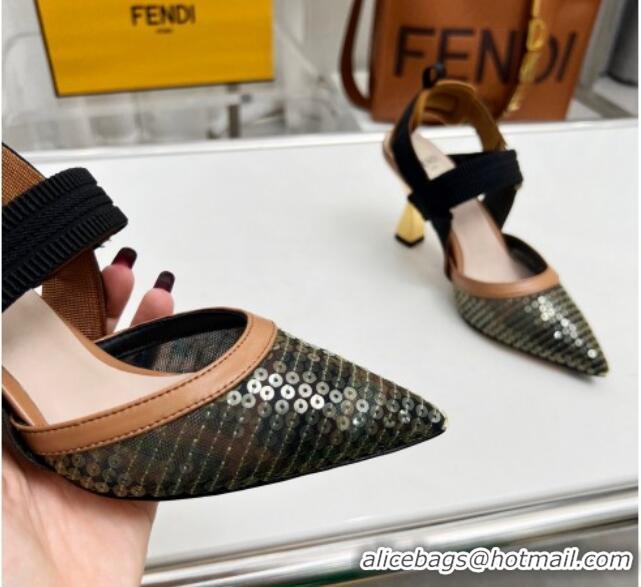 Big Discount Fendi Colibrì Slingback Pumps 8.5cm in FF Mesh with Sequins Green/Brown 804095