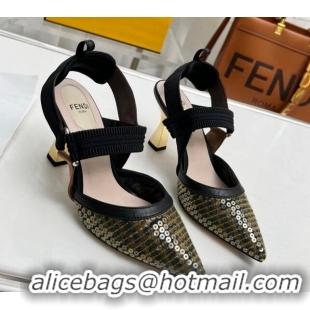 Most Popular Fendi Colibrì Slingback Pumps 8.5cm in FF Mesh with Sequins Green/Black 804096