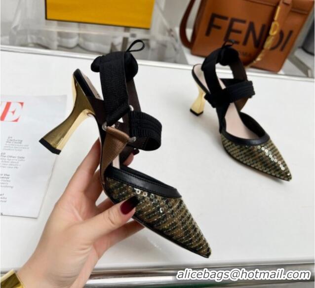 Most Popular Fendi Colibrì Slingback Pumps 8.5cm in FF Mesh with Sequins Green/Black 804096