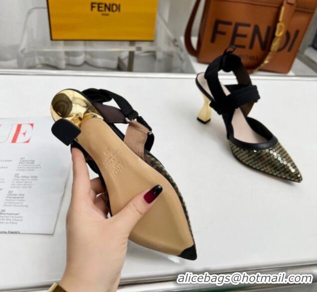 Most Popular Fendi Colibrì Slingback Pumps 8.5cm in FF Mesh with Sequins Green/Black 804096