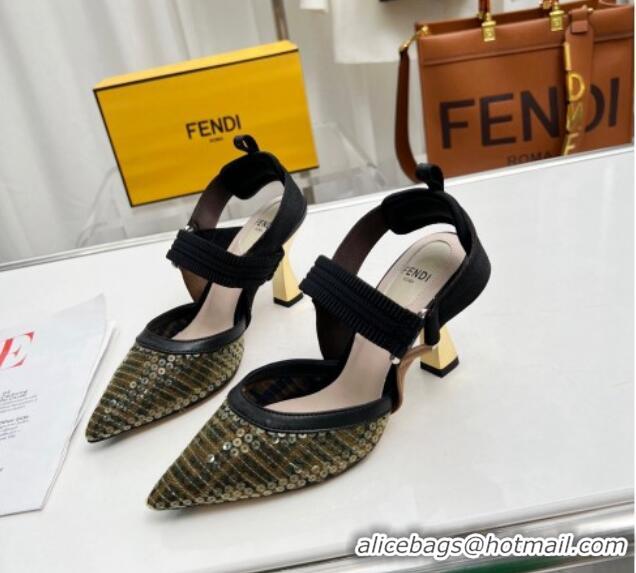 Most Popular Fendi Colibrì Slingback Pumps 8.5cm in FF Mesh with Sequins Green/Black 804096