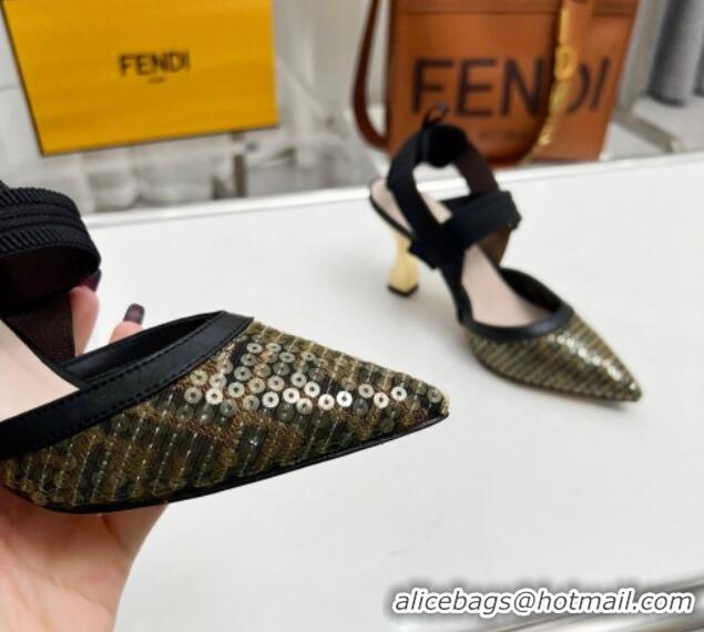 Most Popular Fendi Colibrì Slingback Pumps 8.5cm in FF Mesh with Sequins Green/Black 804096