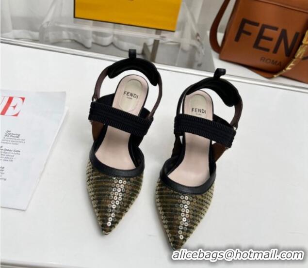 Most Popular Fendi Colibrì Slingback Pumps 8.5cm in FF Mesh with Sequins Green/Black 804096