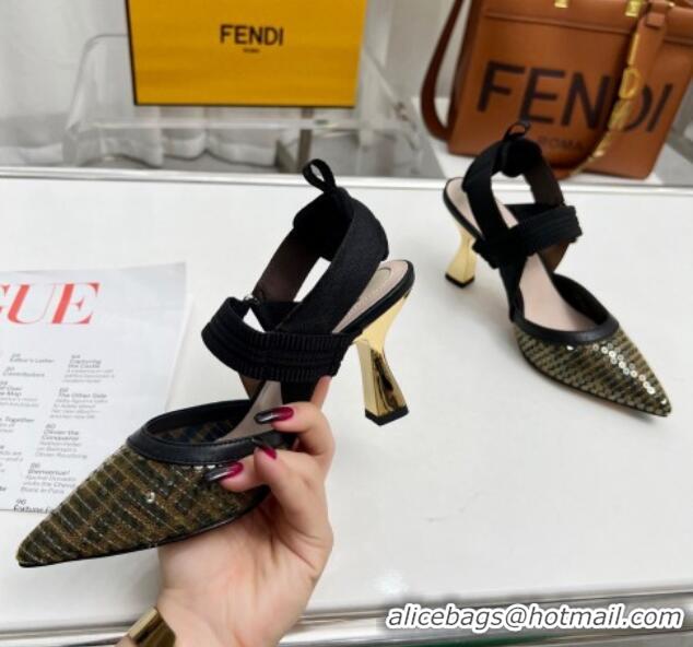 Most Popular Fendi Colibrì Slingback Pumps 8.5cm in FF Mesh with Sequins Green/Black 804096