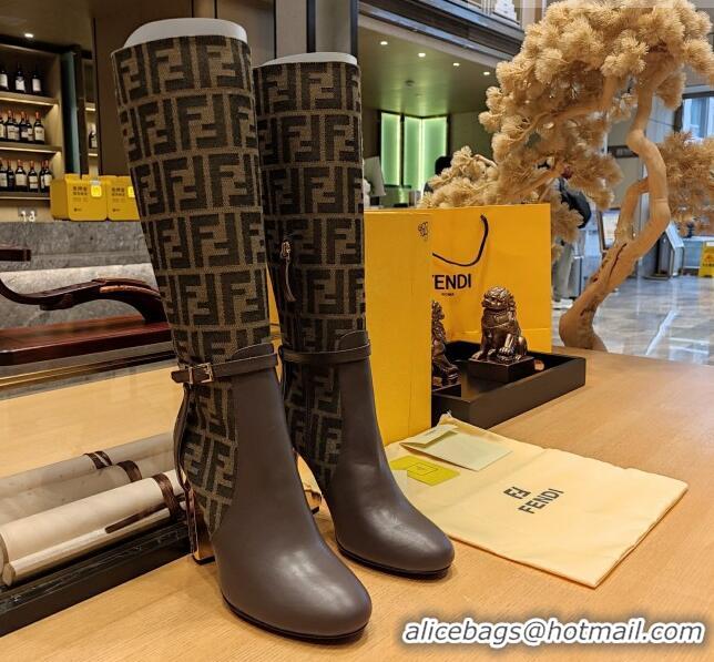 Top Grade Fendi Delfina High Boots in FF Fabric and Calfskin 105mm Heel 381813