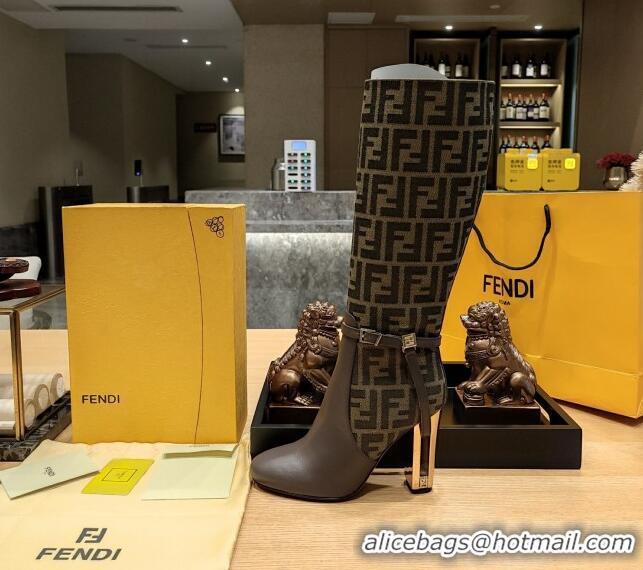 Top Grade Fendi Delfina High Boots in FF Fabric and Calfskin 105mm Heel 381813