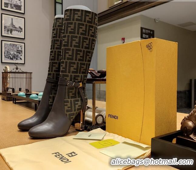 Top Grade Fendi Delfina High Boots in FF Fabric and Calfskin 105mm Heel 381813