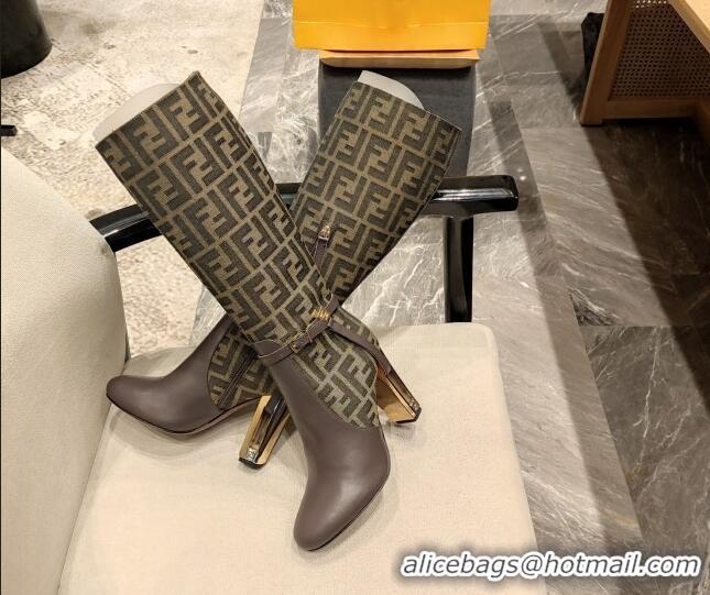 Top Grade Fendi Delfina High Boots in FF Fabric and Calfskin 105mm Heel 381813