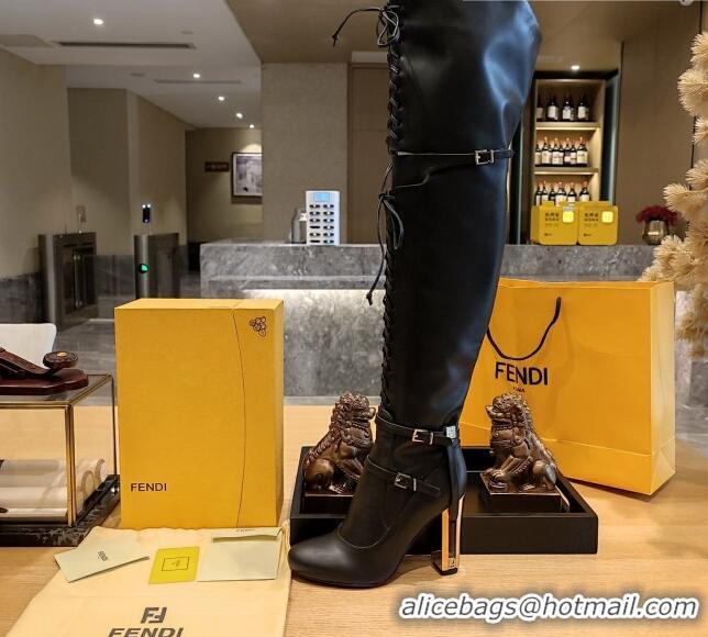 Buy Luxury Fendi Delfina High-heeled Over-the-knee Boots in Black Calfskin 105mm Heel 381816