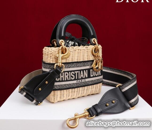 Buy Discount Dior Mini Lady Dior Bag in Weaving Wicker and Leather 9989 Black 2023