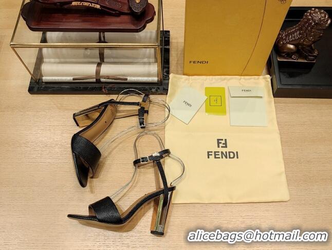 Buy New Cheap Fendi Delfina High Heel Sandals 10cm in Embossed Calf Leather Black 831058