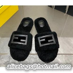 Grade Quality Fendi Signature Shearling Wool Flat Slide Sandals Black 902052