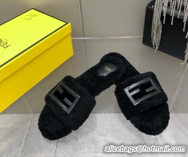 Grade Quality Fendi Signature Shearling Wool Flat Slide Sandals Black 902052