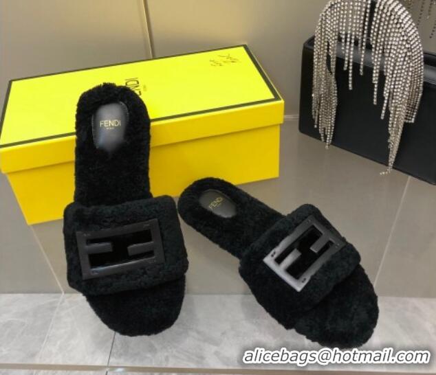 Grade Quality Fendi Signature Shearling Wool Flat Slide Sandals Black 902052