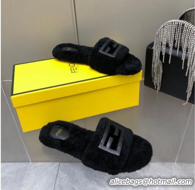 Grade Quality Fendi Signature Shearling Wool Flat Slide Sandals Black 902052