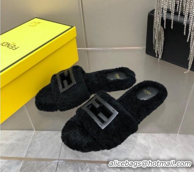 Grade Quality Fendi Signature Shearling Wool Flat Slide Sandals Black 902052