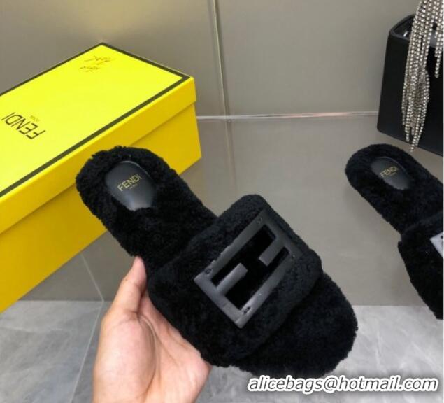 Grade Quality Fendi Signature Shearling Wool Flat Slide Sandals Black 902052