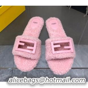 Best Grade Fendi Signature Shearling Wool Flat Slide Sandals Pink 902053