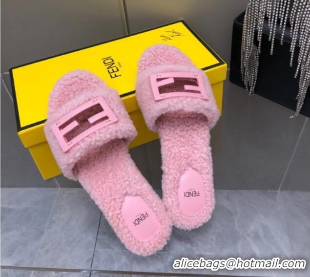 Best Grade Fendi Signature Shearling Wool Flat Slide Sandals Pink 902053