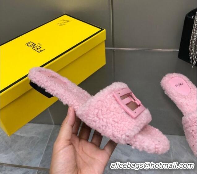 Best Grade Fendi Signature Shearling Wool Flat Slide Sandals Pink 902053