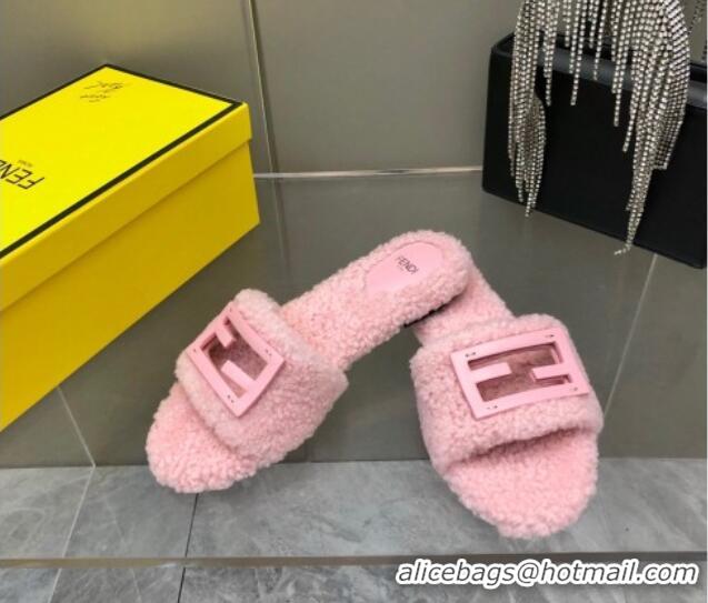 Best Grade Fendi Signature Shearling Wool Flat Slide Sandals Pink 902053