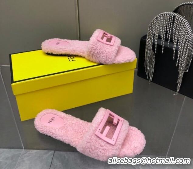 Best Grade Fendi Signature Shearling Wool Flat Slide Sandals Pink 902053