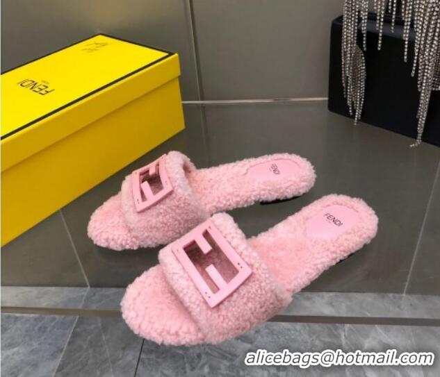 Best Grade Fendi Signature Shearling Wool Flat Slide Sandals Pink 902053