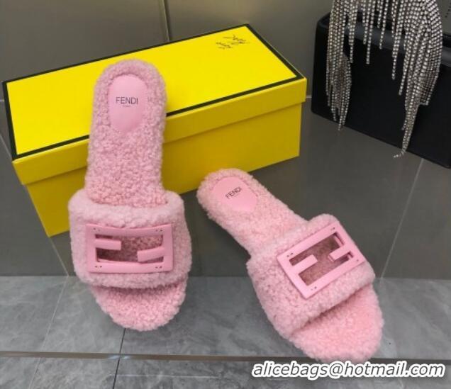 Best Grade Fendi Signature Shearling Wool Flat Slide Sandals Pink 902053