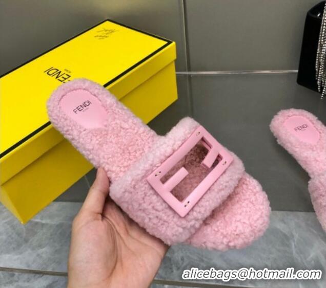 Best Grade Fendi Signature Shearling Wool Flat Slide Sandals Pink 902053