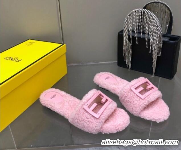 Best Grade Fendi Signature Shearling Wool Flat Slide Sandals Pink 902053