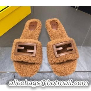 Luxurious Fendi Signature Shearling Wool Flat Slide Sandals Brown 902054