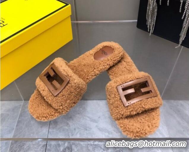 Luxurious Fendi Signature Shearling Wool Flat Slide Sandals Brown 902054