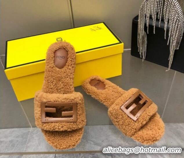 Luxurious Fendi Signature Shearling Wool Flat Slide Sandals Brown 902054