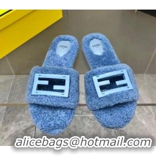 Good Looking Fendi Signature Shearling Wool Flat Slide Sandals Blue 902055