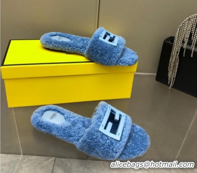 Good Looking Fendi Signature Shearling Wool Flat Slide Sandals Blue 902055