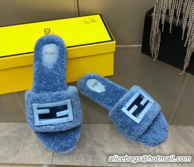 Good Looking Fendi Signature Shearling Wool Flat Slide Sandals Blue 902055