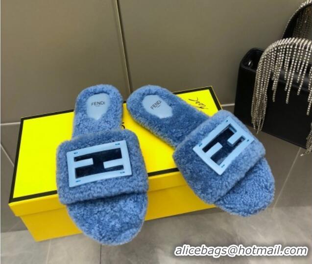 Good Looking Fendi Signature Shearling Wool Flat Slide Sandals Blue 902055