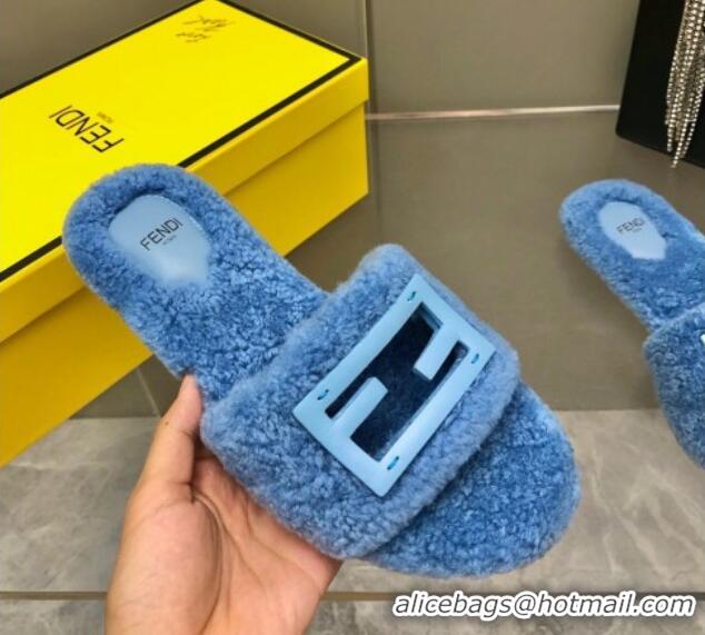 Good Looking Fendi Signature Shearling Wool Flat Slide Sandals Blue 902055